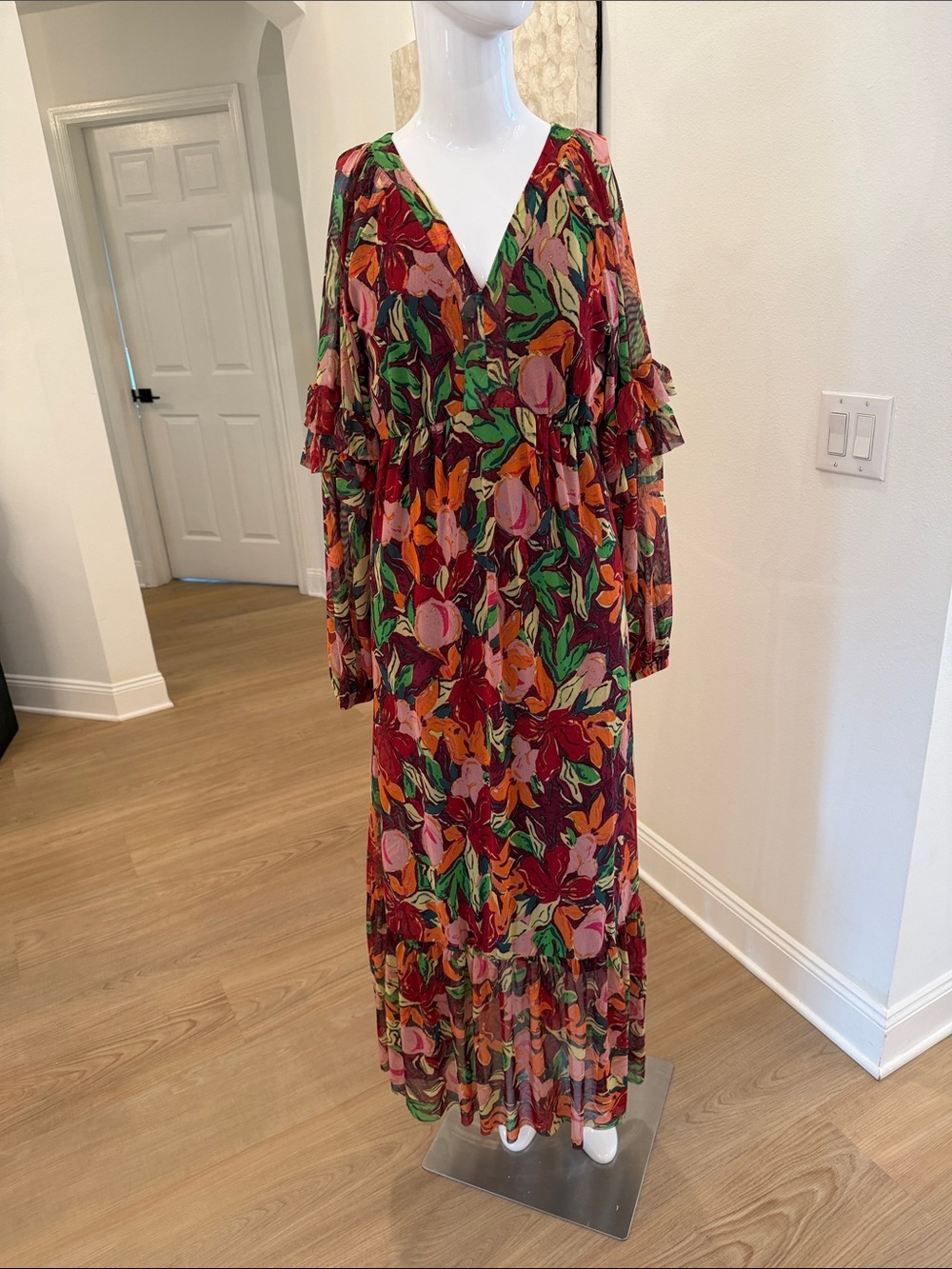 Antthony Floral V-Neck Tiered Ruffle Maxi Dress in Burgundy Multi